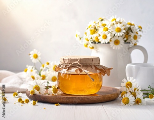 chamomile flowers and honey jar