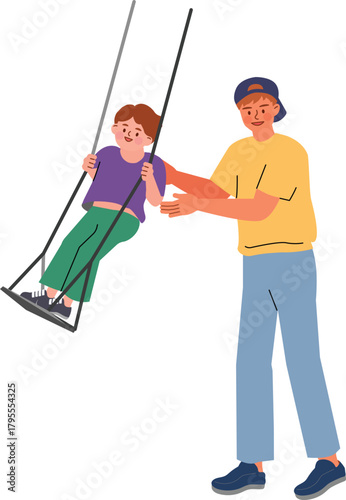 Happy Dad Pushing Son on Playground Swing
