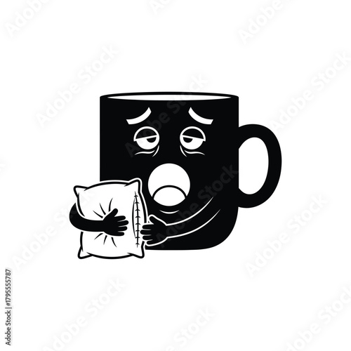 Sleepy coffee mug mascot with pillow needing rest and energy isolated on white background Vector