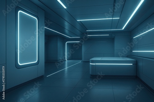 Fototapeta Naklejka Na Ścianę i Meble -  Futuristic interior of a high-tech space station corridor with illuminated panels and sleek surfaces. Concept of advanced technology, innovation, and science fiction design.