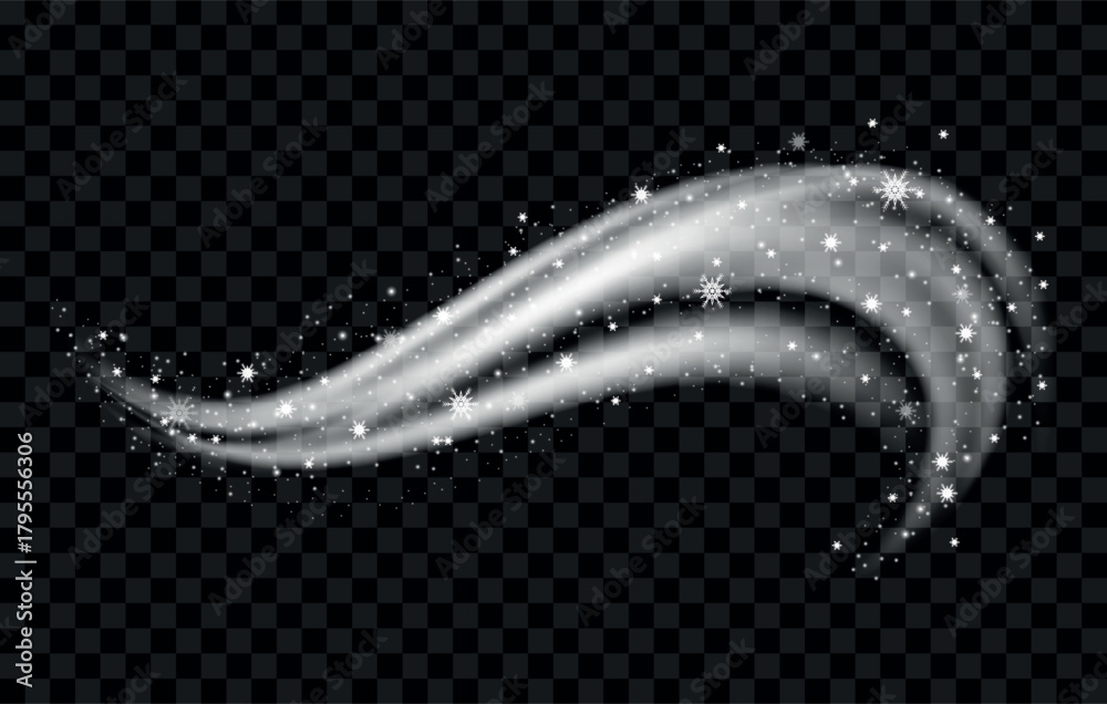 Naklejka premium Abstract swirling white smoke trail with sparkling glitter particles on dark background