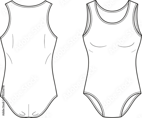 Technical fashion sketch, sleeveless bodysuit design, front and back view, garment construction drawing, apparel template, contour lines, flat illustration