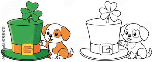 Adorable Puppy with Lucky Shamrock Hat - St. Patrick's Day Cartoon Vector