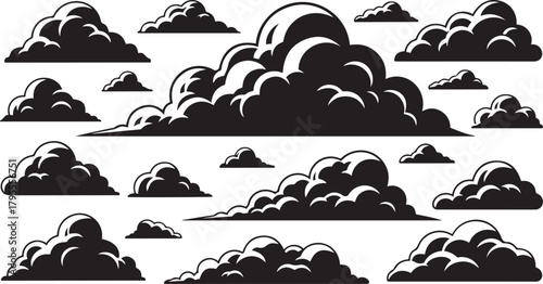 Assortment of stylized black clouds on a white background weather storm