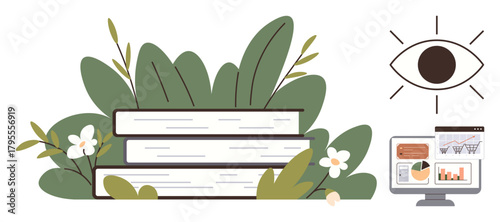 Stacked books amidst greenery, an eye symbol for vision, and a computer screen with charts. Ideal for education, research, focus, growth, learning analytics vision. Simple flat metaphor