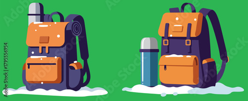Backpack with thermos and camping gear on snow-covered ground  