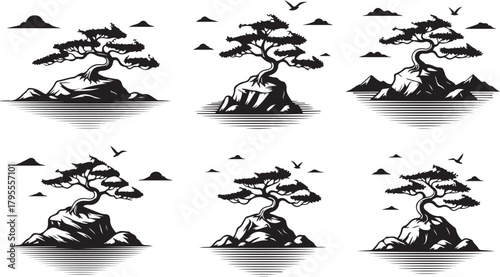 Six black silhouette bonsai trees on rocks with water and birds nature plant