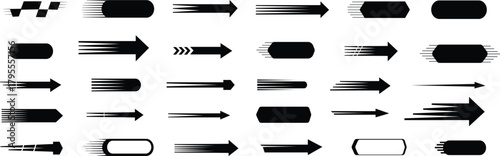 Dynamic collection of black arrows featuring various motion blur styles, conveying velocity, direction, and rapid forward momentum