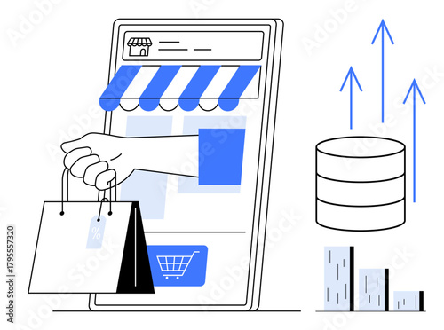 Hand holding shopping bags out of smartphone, analytics bars, arrows, and online store interface. Ideal for online shopping, sales growth, digital marketing, e-commerce trends, retail innovation