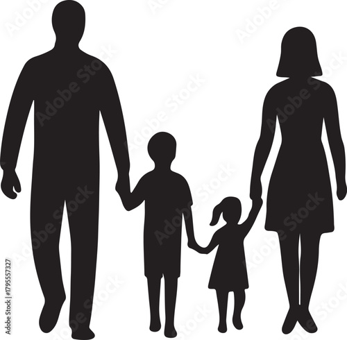 Loving family silhouette walking together holding hands, representing unity and connection.