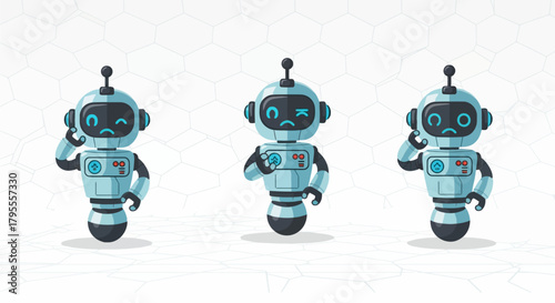 A cute 3D cartoon robot toy with a red heart is isolated on a white background, holding a black chess pawn