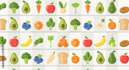 Colorful cartoon vector illustration of an abstract pattern set with Easter eggs and healthy fruit, food, and vegetable icons