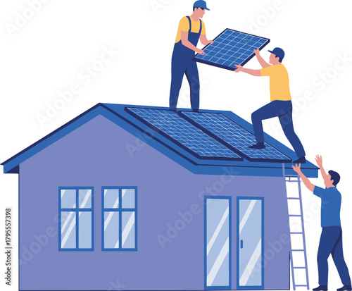 Solar panel installation, rooftop energy system, workers mounting panels, renewable power setup, eco-friendly home upgrade, green electricity, sustainable energy source