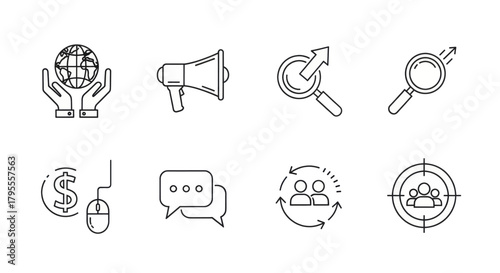 Digital marketing and global business strategy icons for online growth and communication