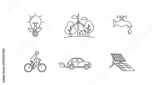 Collection of simple line icons representing green energy and eco-friendly living.