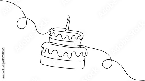 Simple one line drawing of a two tiered cake with a candle isolated on white background