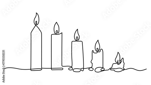 Continuous one line drawing of five light candles isolated on white background