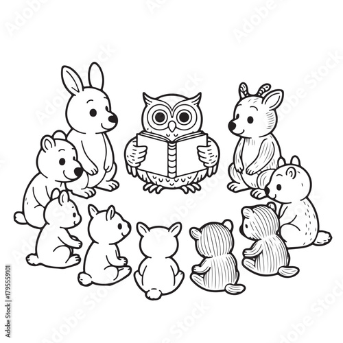 Charming owl reading to woodland creatures in black and white, creating a whimsical story time scene