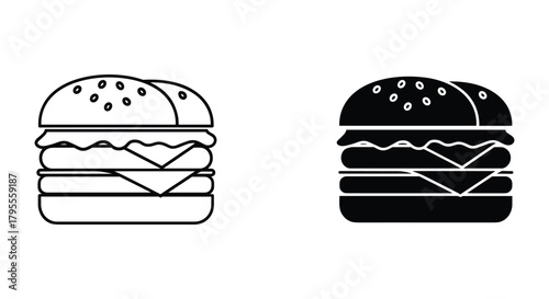 Fast food burger outline and solid icon set, quick meal symbol vector graphic
