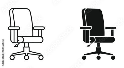 Ergonomic office swivel chair line art and solid glyph vector icons set