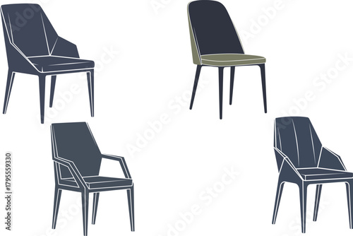 Four chairs in a minimalist style arranged on a black background for design ideas