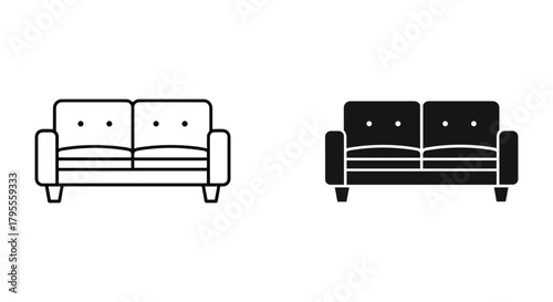 Modern two-seater sofa icons, outline and solid glyph styles for home decor.