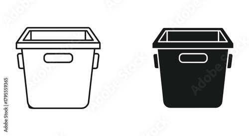 Square bin icon set: outline and solid black versions for storage or waste