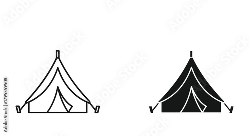 Camping tent outline and solid icon set, ideal for outdoor adventures.