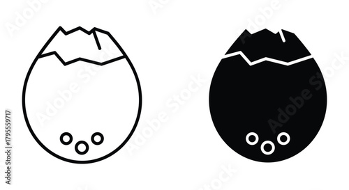 Broken egg icon set showing outline and filled versions, simple graphic design.