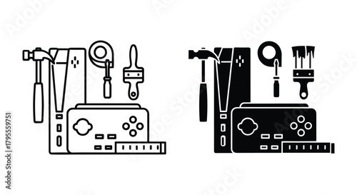 Crafting and gaming tools line art and glyph icon set for hobby illustration