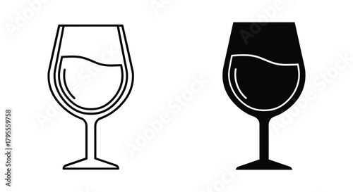 Outline and filled wine glass icon set with liquid, minimalist vector design