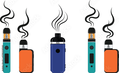 Assorted vaping devices with vapor on a black background for product presentation