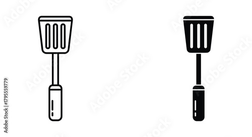 Spatula kitchen utensil outline and solid icon set for cooking and serving food.