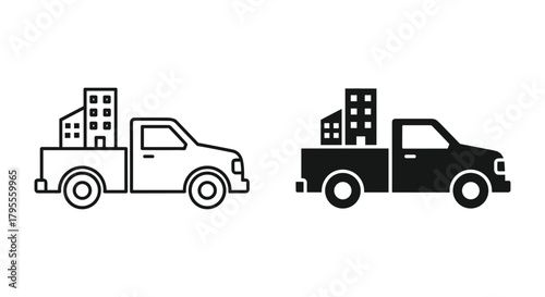 Property relocation service, building transport, moving house business icon