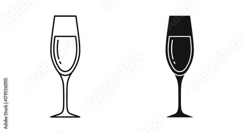 Minimalist champagne flute glass icons: line art and filled silhouette design