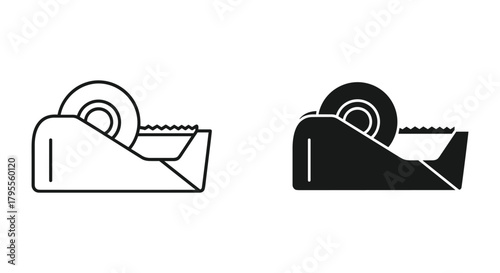 Desktop office sticky tape dispenser vector icons, line art and solid glyph