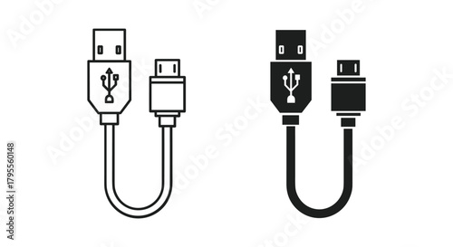 Usb a to micro usb cable icon set. universal serial bus data connection.