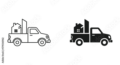 Real estate moving service icon. pickup truck carrying house and building symbols isolated.