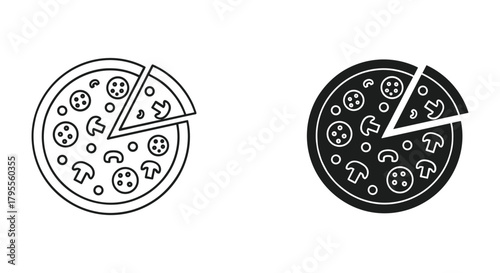 Pizza with slice removed line art and solid icons, mushroom and pepperoni topping