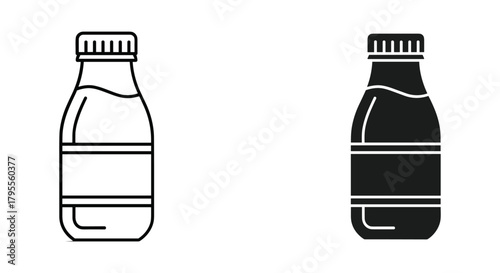 Milk bottle icon with cap and blank label, outline and solid variations