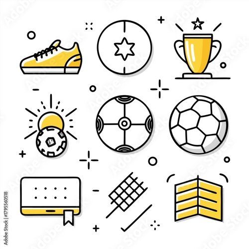 WeRealistic fan attributes round concept with soccer ball supporter horned and cylinder hats cap badges scarf foam gloves tickets flags vuvuzela trumpets illustration