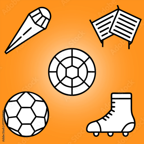 WeRealistic fan attributes round concept with soccer ball supporter horned and cylinder hats cap badges scarf foam gloves tickets flags vuvuzela trumpets illustration