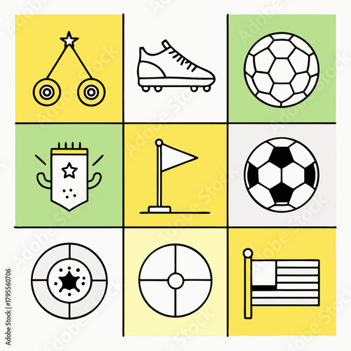 WeRealistic fan attributes round concept with soccer ball supporter horned and cylinder hats cap badges scarf foam gloves tickets flags vuvuzela trumpets illustration