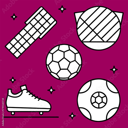 WeRealistic fan attributes round concept with soccer ball supporter horned and cylinder hats cap badges scarf foam gloves tickets flags vuvuzela trumpets illustration