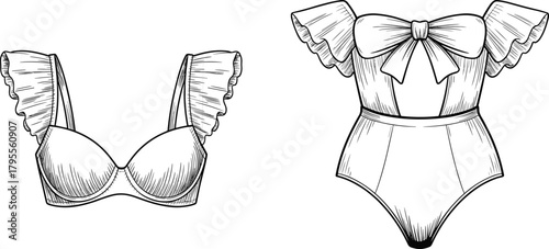 Fashion swimwear illustration, bikini and one-piece design, black and white vector, ruffle detail, bow accent, stylish garment sketch