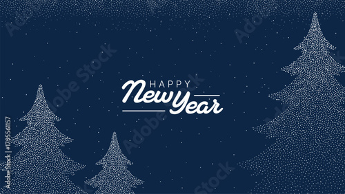 Happy New Year lettering with snow dots on pine tree forest. Winter landscape holiday banner illustration. Christmas celebration and season concept.