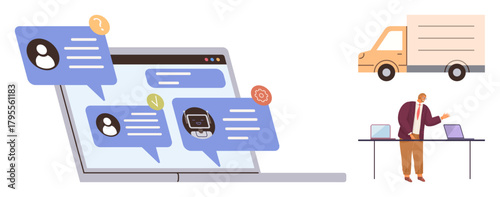 Laptop displaying chat messages, delivery truck, and manager at desk with laptop. Ideal for logistics, messaging, delivery management, technology communication, customer service, e-commerce digital