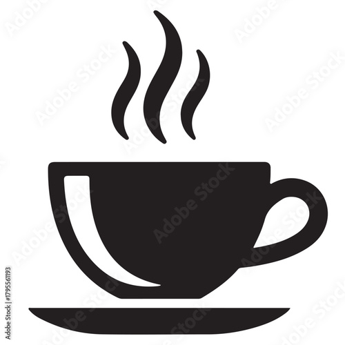 Silhouette of a steaming cup of coffee on a saucer, a comforting and aromatic beverage
