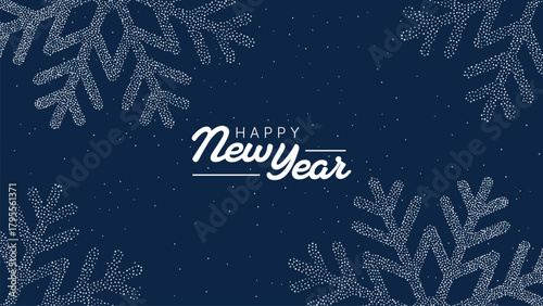 Happy New Year text with dotted snowflake design on a dark background. Winter holiday celebration banner or greeting card template.
