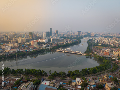Aerial View of Dhaka City Skyline and Hatirjheel Lake, Bangladesh – Urban Development and Modern Infrastructure in Dhaka